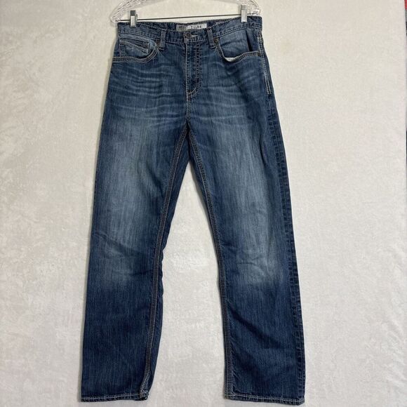 BKE Jeans 32R Tyler Straight Leg Buckle Thick Stitch Stretch Whiskering Fade - Picture 1 of 15